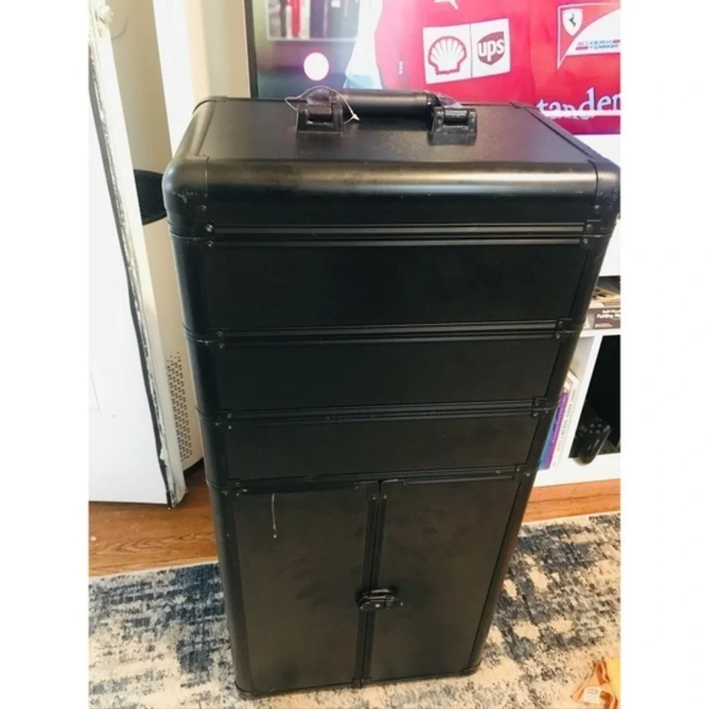 Rolling Makeup Train Case Aluminum Cosmetic Trolley Organizer Box Black